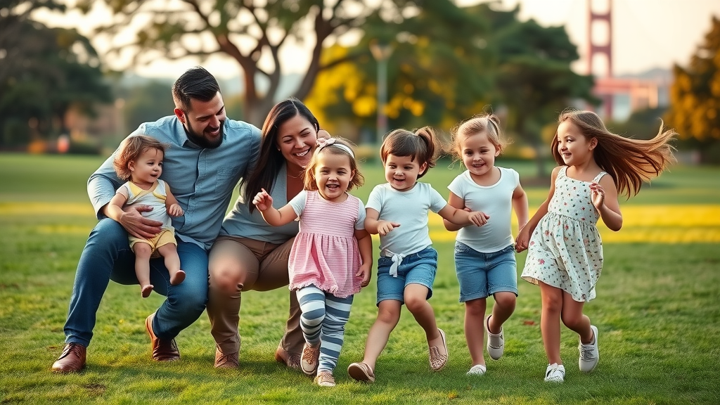 Happy families in San Francisco park celebrating fertility clinic success together.