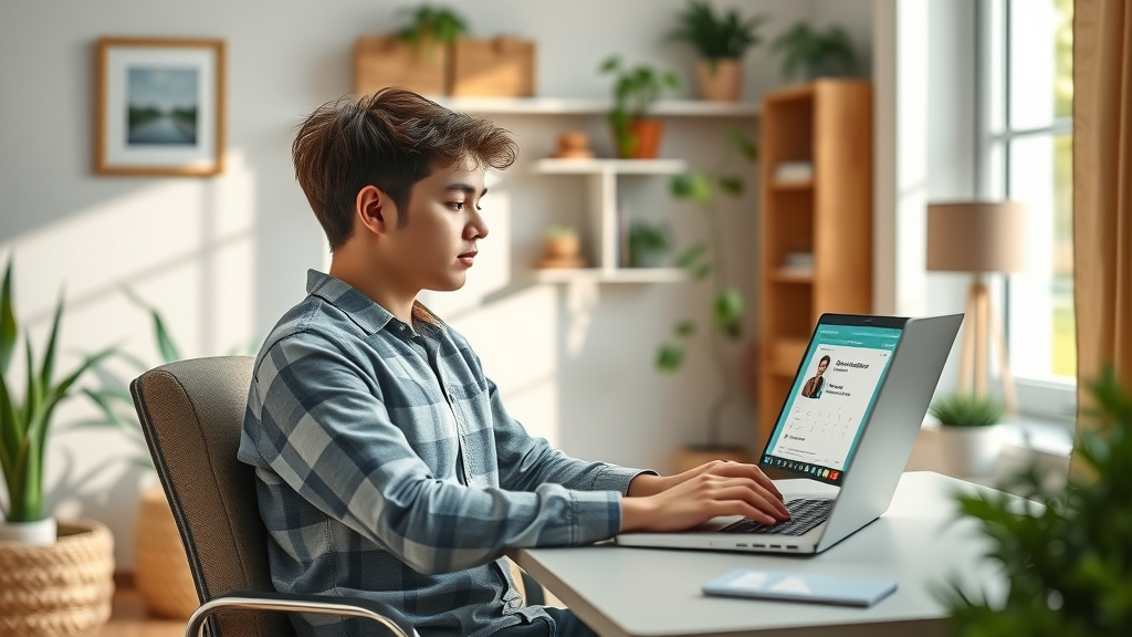 Calm young adult scheduling teletherapy appointment at home, bright and inviting workspace