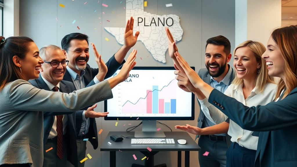 happy Plano business team celebrating social media marketing success, upward analytics graph on screen, decorated local map on wall