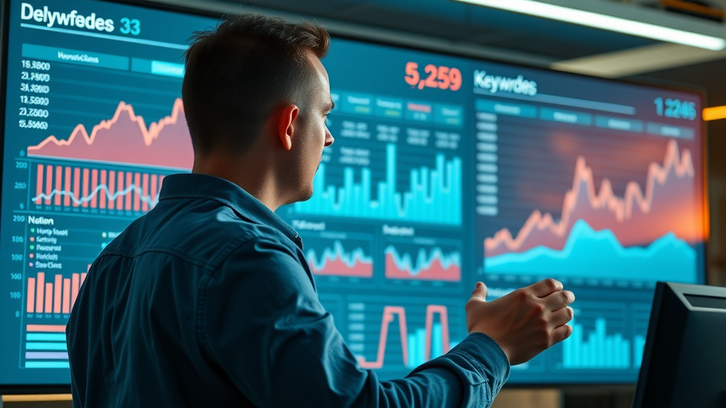 Plano blogger monitoring trending keywords on digital dashboard, observing search volume and data movement, keyword research for blogs in Plano