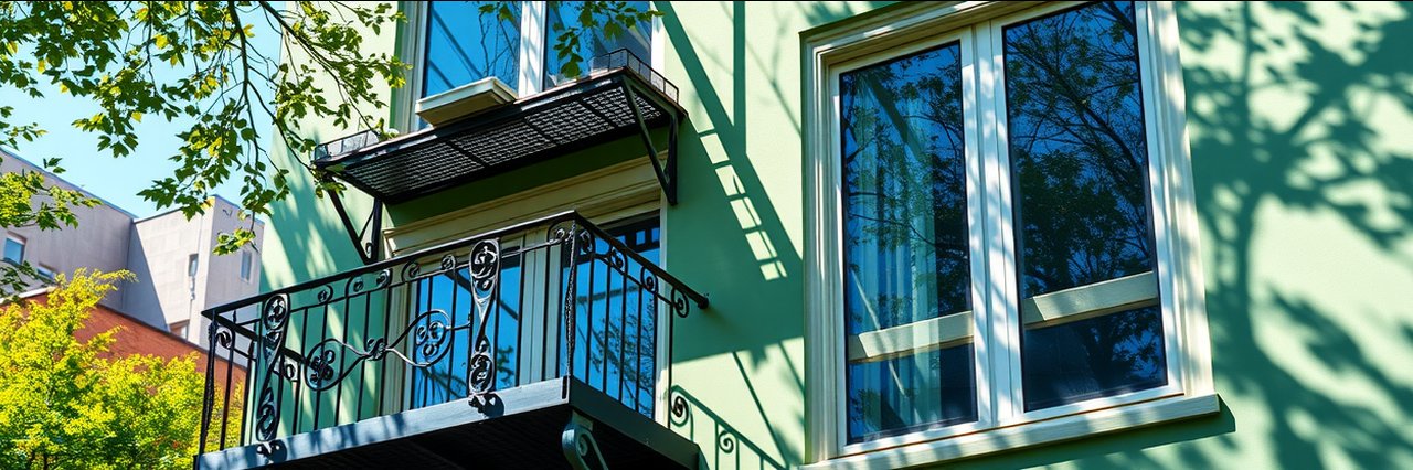 Pastel green apartment with fire escape balcony, sunlit urban setting, teletherapy appointment scheduling