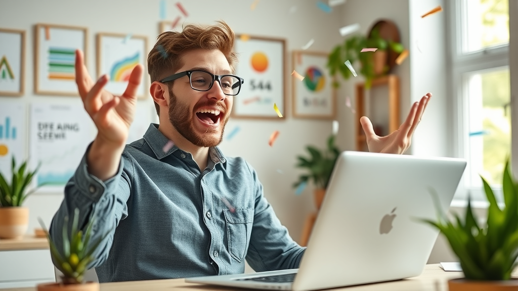 small business owner celebrating growth upward trending charts
