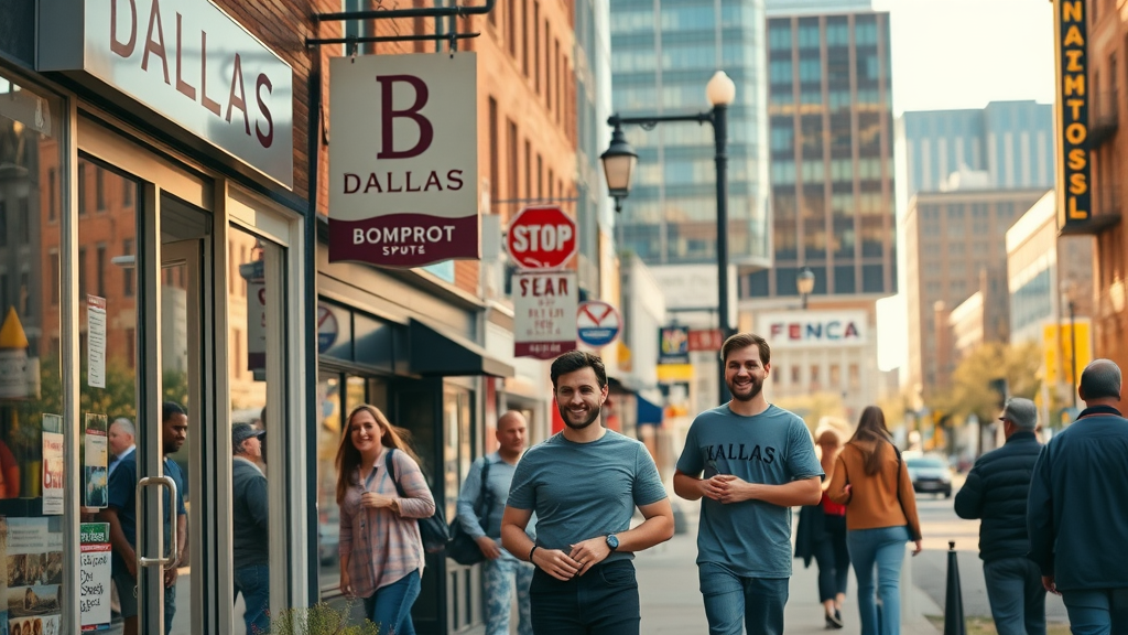 Small business marketing Dallas: vibrant Dallas cityscape bustling with small local business storefronts, shop owners greeting customers, photorealistic, highly detailed, natural daylight