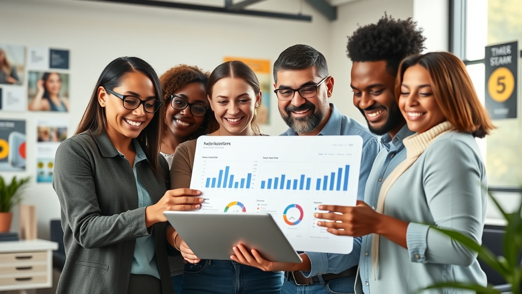 Vibrant team of small business owners reviewing a digital marketing dashboard