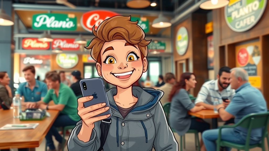 Plano influencer creating social media marketing content in urban cafe, boosting brand awareness