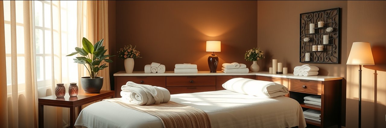 Peaceful spa treatment room offering professional esthetician services with cozy decor.