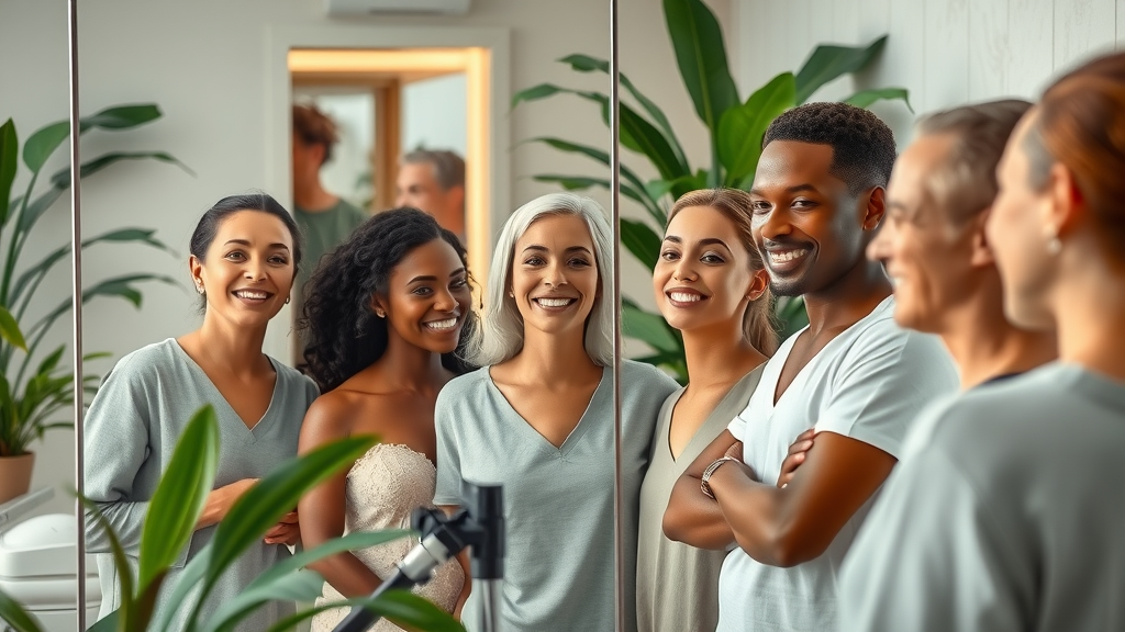 Diverse friends admire body contouring treatment results in luxury spa.