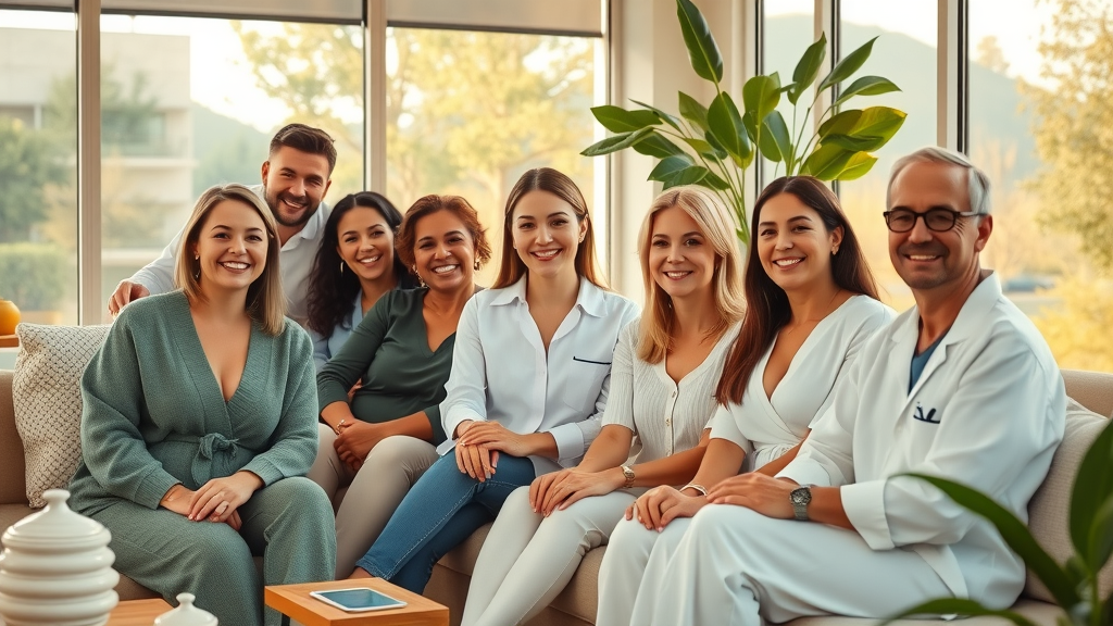Smiling group in medical spa lounge after medical spa treatments
