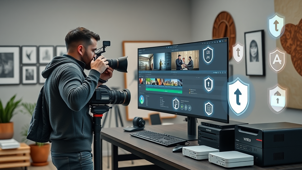 Film director overseeing video production and secure storage workflow.