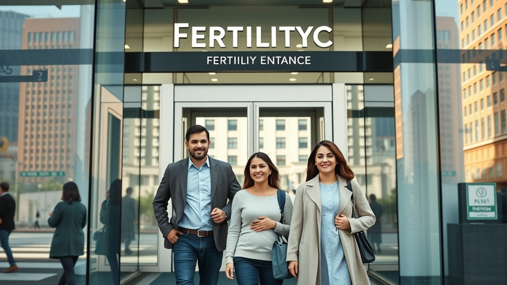 San Francisco fertility clinic modern entrance with diverse hopeful families, city skyline.