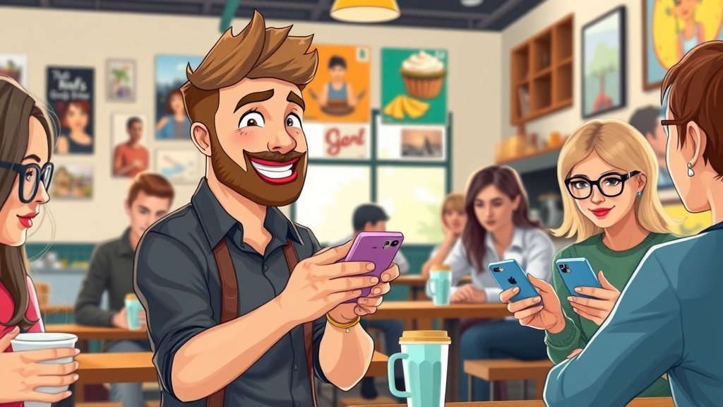 Small business marketing Dallas: social media scene, young entrepreneur posting to Instagram with customer interaction in lively Dallas coffee shop, cartoon style, highly detailed
