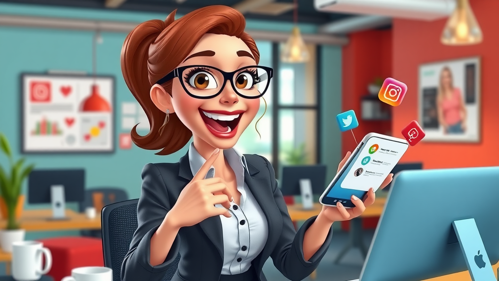 Plano SEO content marketing - Businesswoman posting blog content to multiple social media platforms