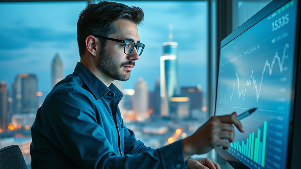 tech-savvy Dallas marketing manager analyzing paid ad results with analytics and modern Dallas skyline view