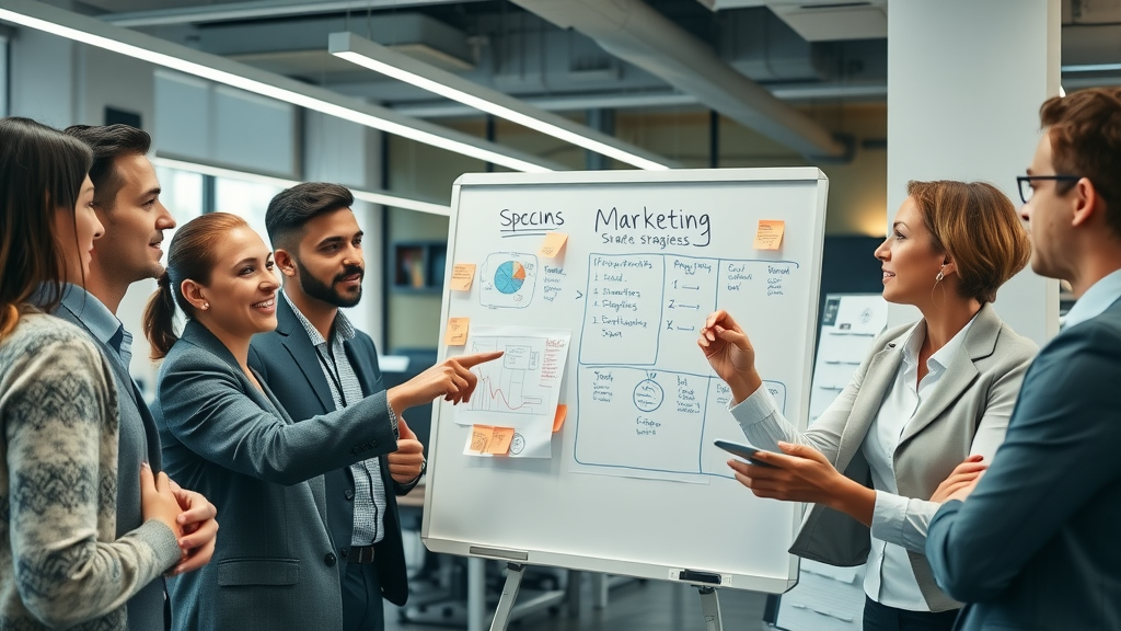 business team explaining local marketing strategies using a whiteboard with diagrams in a modern office
