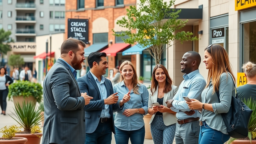 blogging for SEO in Plano - Vibrant Plano business district with entrepreneurs networking outside local businesses