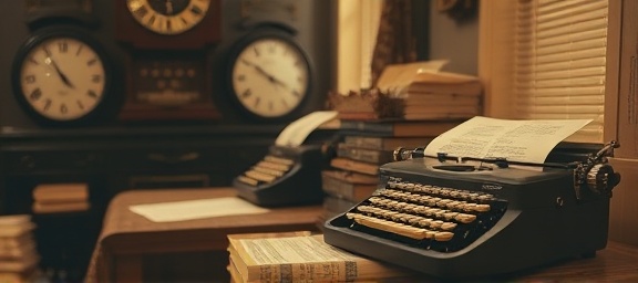 vintage posting timeline, methodical, sliding by, photorealistic, nostalgic room with typewriter and parchment papers, highly detailed, ticking clocks, grainy texture, sepia tones, dusky warm lighting, shot with a 50mm lens.