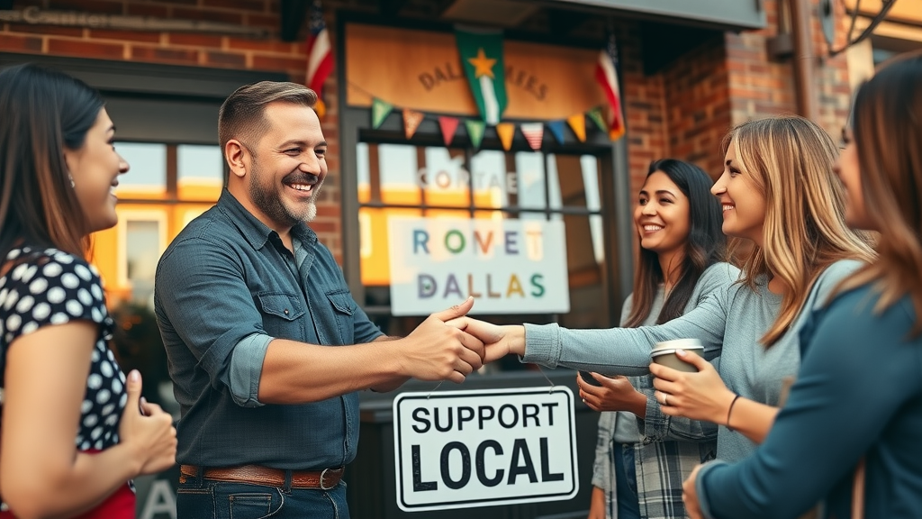 Small business marketing Dallas: successful Dallas small business owner shaking hands with happy customers,