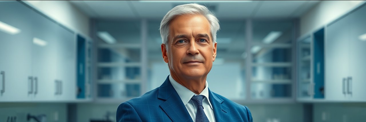 Facial plastic surgery professional in blue suit in modern clinic