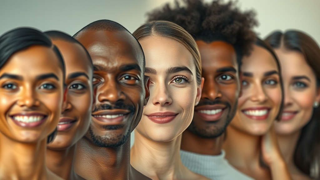Inclusive group portrait highlighting harmonious results from facial balancing techniques