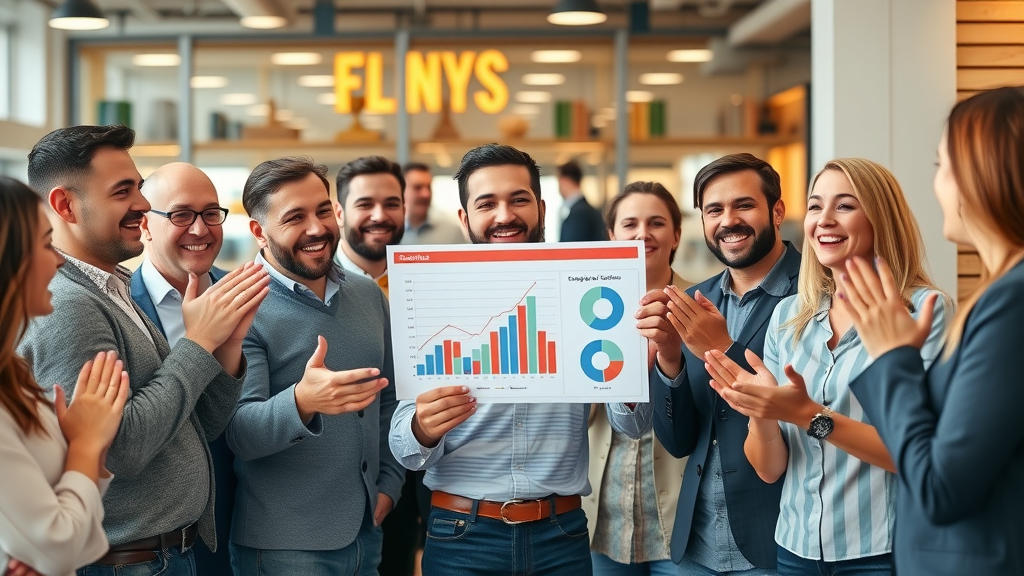 Plano retail business team celebrating blog-driven website traffic growth, reviewing traffic charts
