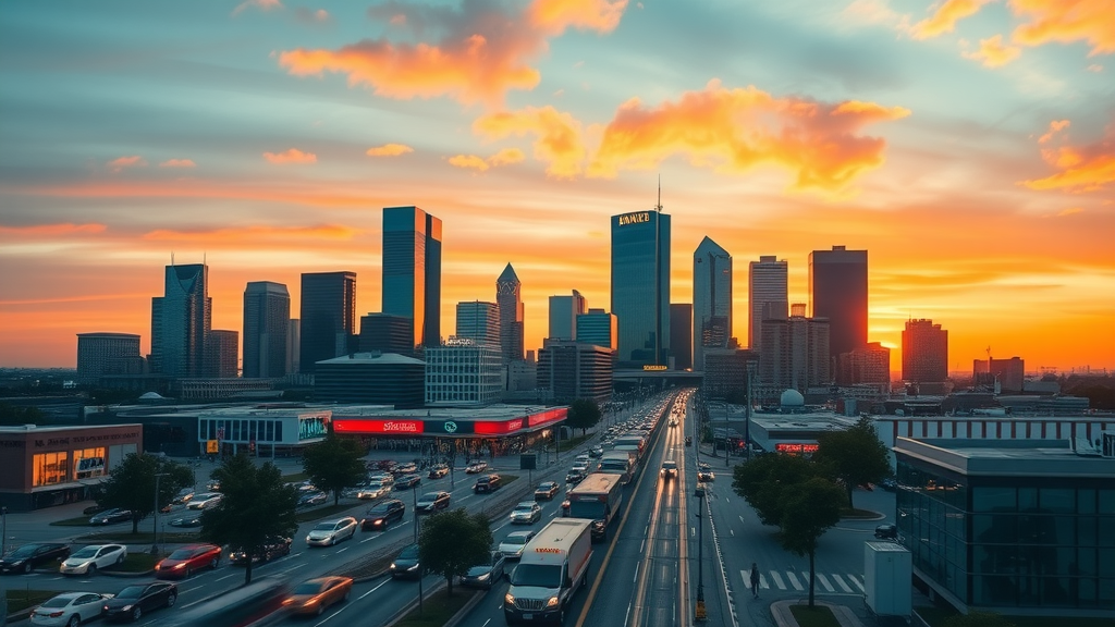 Dallas city skyline at sunset with social media icons interwoven into city lights - social media marketing dallas