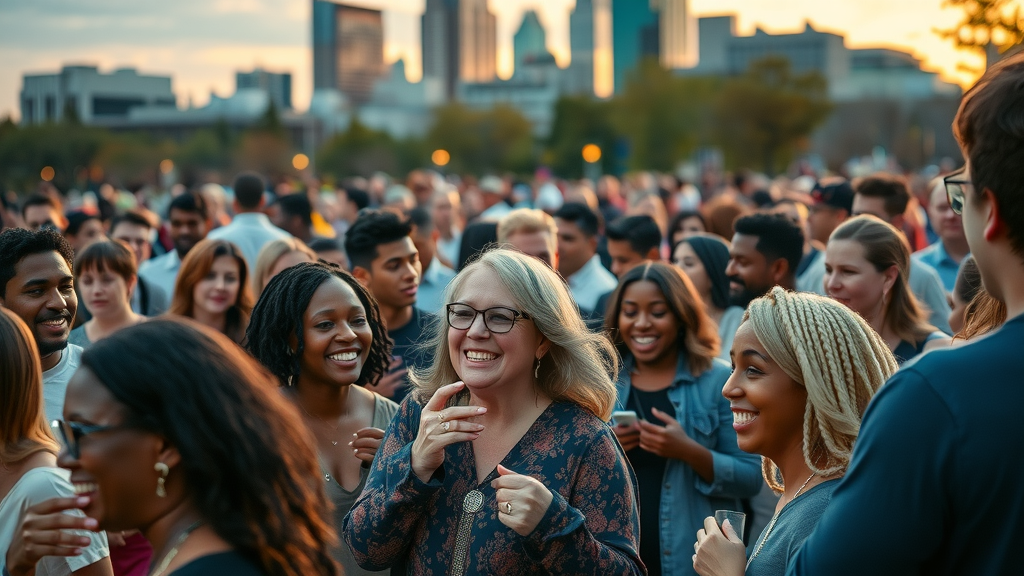 Lively Dallas community gathering, smiling diverse residents interacting, network-building, Cinematic, urban park with Dallas skyline in the background, highly detailed, vibrant movement throughout the crowd, deep blue and gold tones, golden hour soft lighting, shot with a 35mm camera lens. Community engagement Dallas in action.