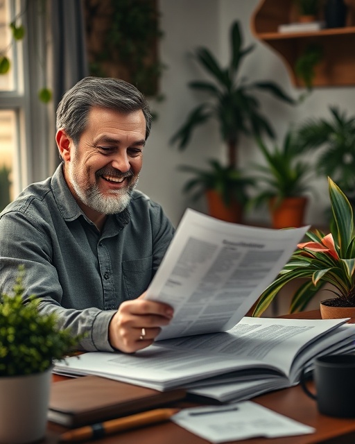 satisfied client, content expression, reviewing a contract, photorealistic, cozy workspace with scattered paperwork and desktop plants, highly detailed, gentle breeze ruffling the pages, macro focus, earthy colors, indirect lighting, shot with an 85mm lens.