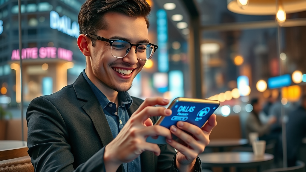 stylish young Dallas professional browsing mobile-friendly website with futuristic digital hologram elements