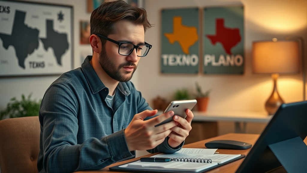Content strategist researching Plano trends for blog post topics to drive website traffic in Plano, modern Texan décor