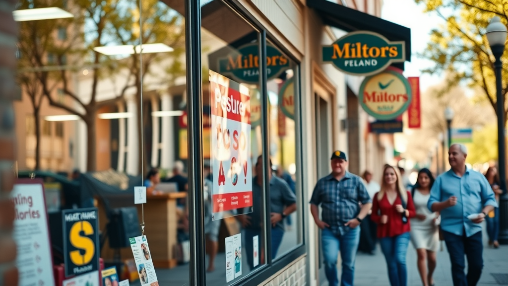 Colorful Plano small business storefronts with digital signage and happy customers, highlighting effective small business marketing