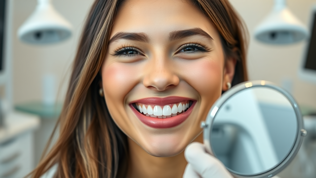 Happy woman smiling after receiving one-day dental crowns at a modern clinic
