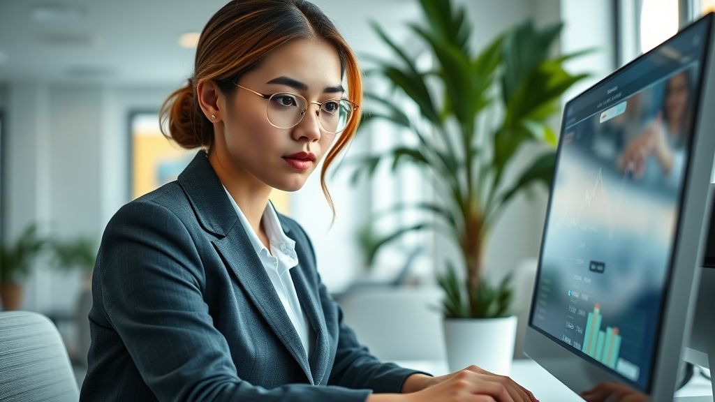 businesswoman analyzing local marketing strategy key metrics dashboard in her office
