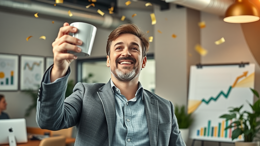 Plano business owner celebrating digital marketing growth, success with customer engagement strategies highlighted