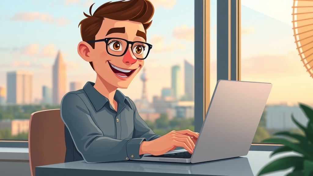 Digital marketer responding to blog comments with Plano skyline in background, playful interaction demonstrating engaged customer support