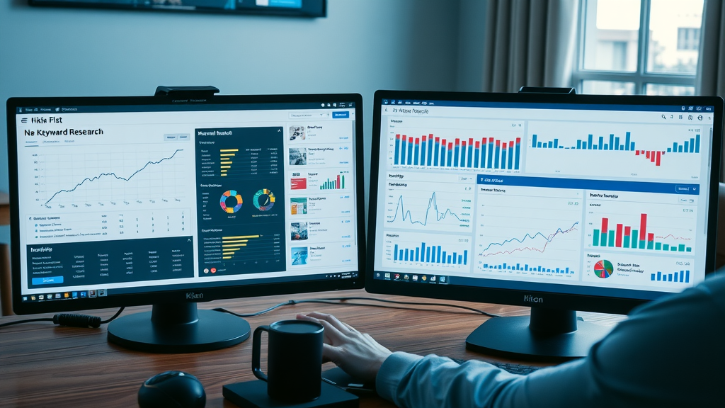 Side-by-side keyword research tools on laptops, comparing Google Keyword Planner, SEMRush, and others for blogs in Plano