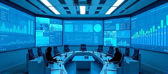 transformative SocialMedia tools, analytical prowess, dissecting data, photorealistic, conference room with interactive displays, highly detailed, charts adjusting real-time, 4000x4000 resolution, clean white and blue, cool LED overheads, shot with a 20mm lens