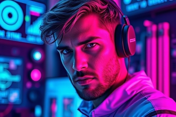 cutting-edge synergy innovation, determined expression, innovating, photorealistic, tech lab with holographic displays and futuristic gadgets, highly detailed, bright sparks of ideas visually represented, neon blue and magenta hues, focused spotlight, shot with a Sigma 24-70mm f/2.8 DG lens.