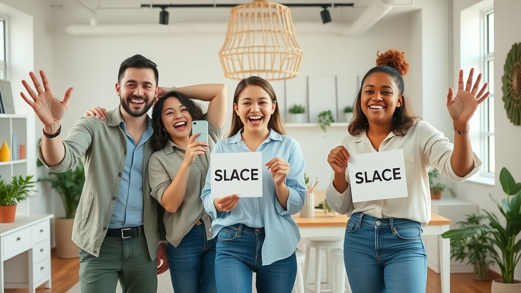small business team recording fun social media campaign video - engaging target audience with branded props, pastel colors, and laughter