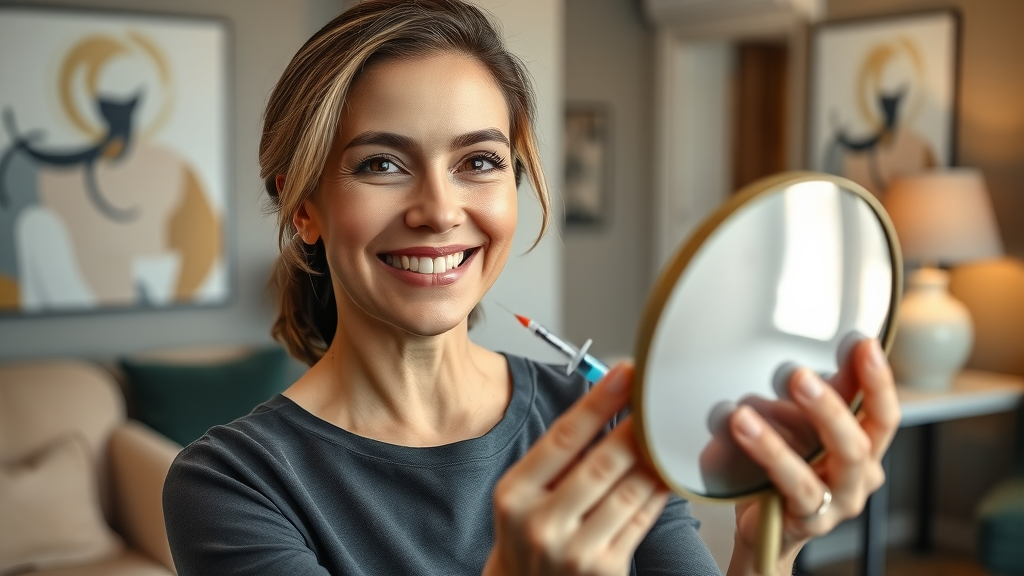 Woman admiring post-treatment glow after anti-aging injectables at modern clinic