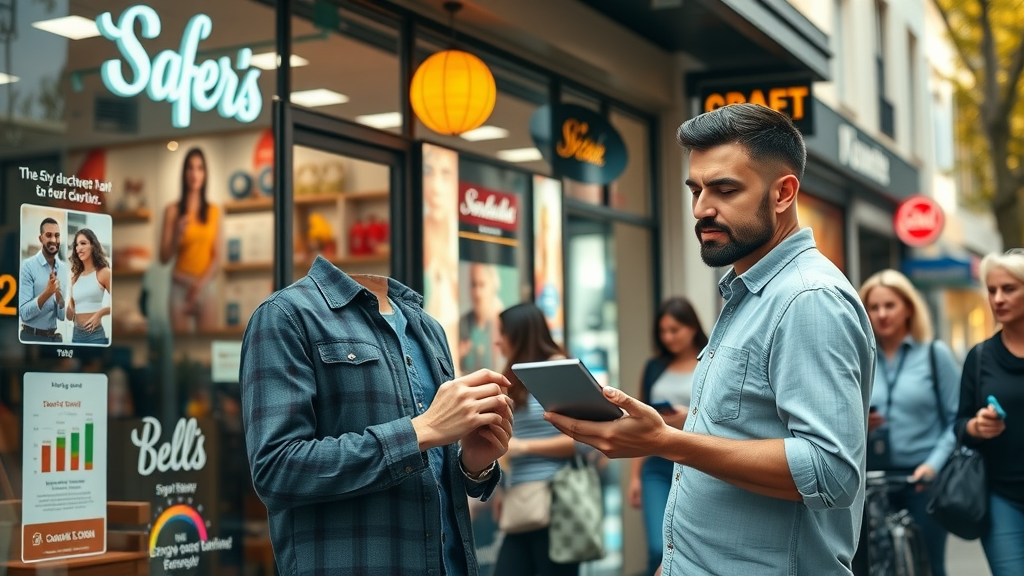 Small business owner reviewing digital ad metrics on a tablet in urban storefront