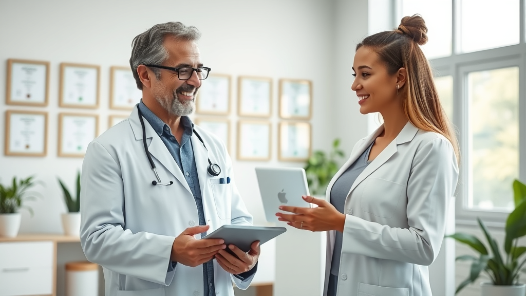 Dermatologist consulting about cosmetic dermatology treatments in modern clinic