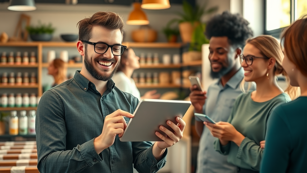 shop owner sharing business blog content with customers, small business blogging benefits and customer engagement in retail