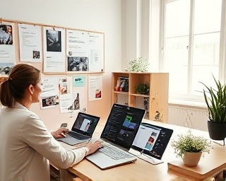 efficient social media management, organized, coordinating posts, photorealistic, digital workspace with creative boards, highly detailed, multiple devices in action, ultra-high-definition, pastel colors, natural sunlight streaming through the window, shot with a 35mm lens.