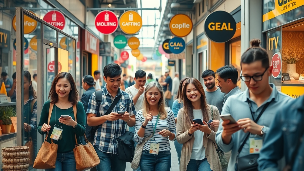 local marketing strategies in a modern bustling local shopping district with diverse shoppers engaging with storefronts and digital devices