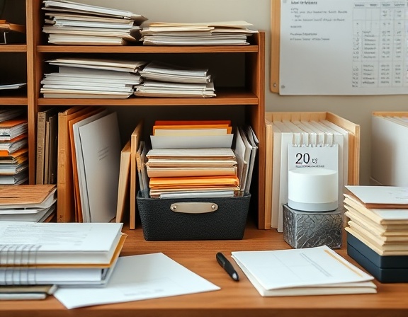 organized posting organizer, neat, marking dates, photorealistic, tidy workspace with organized files and stationery, highly detailed, paper rustling sounds, clean edges, earth tones, soft natural lighting, shot with a standard lens.