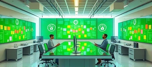 dynamic social media strategy, innovative, brainstorming sessions, photorealistic, open-concept workspace with a central table, highly detailed, interactive screens and colorful sticky notes, 4k resolution, vivid green and white tones, overhead lighting, shot with a 16mm lens.