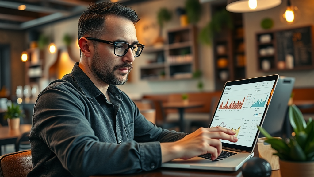 Small business marketing Dallas: Dallas café owner analyzing customer data, digital dashboard, personalized offers, cozy café setting, photorealistic