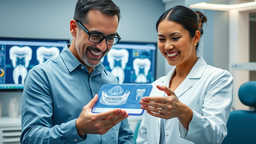 Dentist discusses dental implant solutions with patient using digital scan