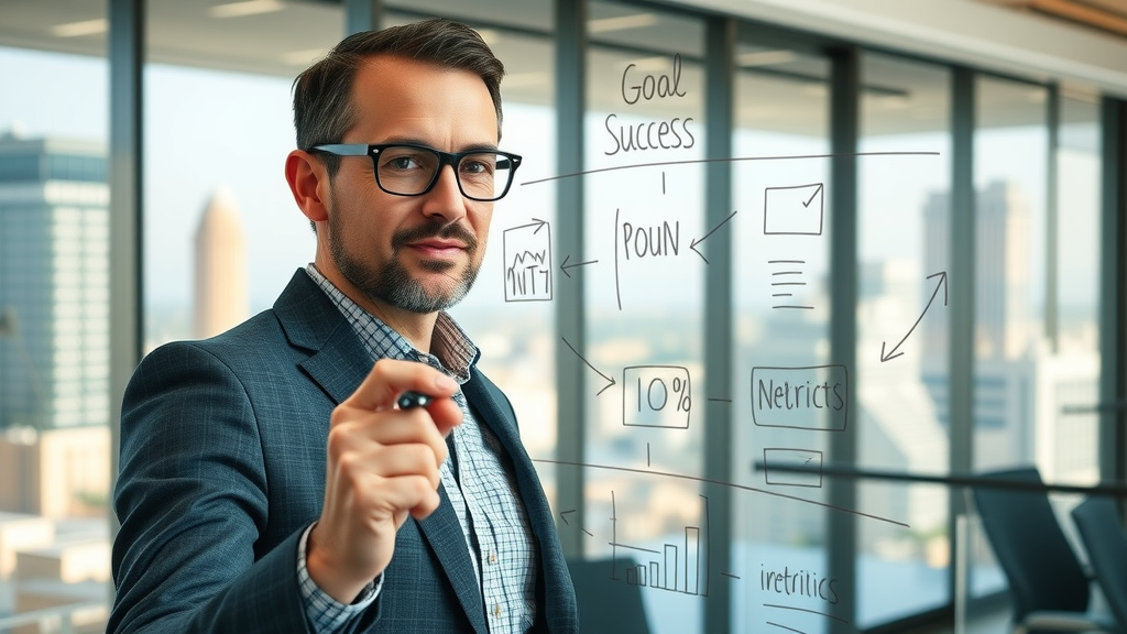 Ambitious marketing leader mapping out customer engagement strategy on glass board in Plano office, digital marketing goals in focus