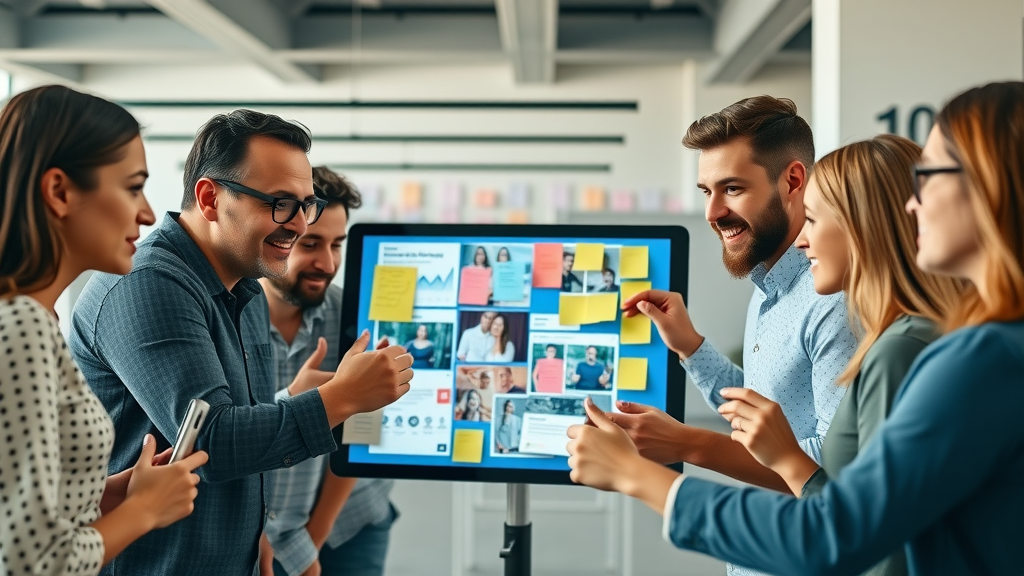team planning social media content strategy for small businesses on a touchscreen